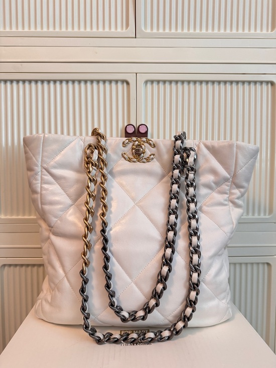 CHANEL Handbags - CHANEL White Quilted Leather Tote with Mixed Metal Chain Straps